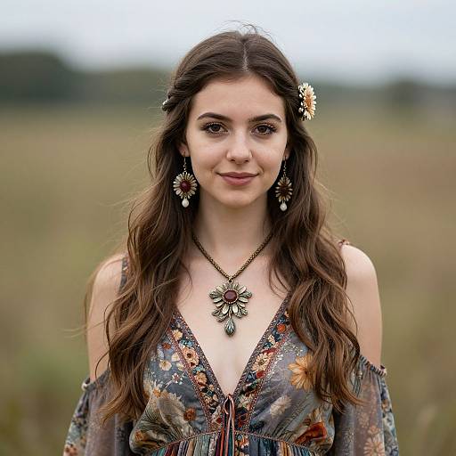 Photograph of a young woman with long, wavy brown hair, wearing a floral dress, off-shoulder sleeves, flower earrings, and a