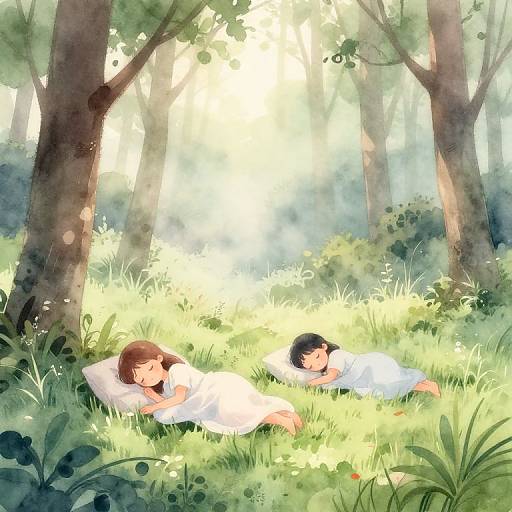 Digital illustration of two children, one with brown hair and one with black hair, sleeping peacefully on grass in a sunlit forest.