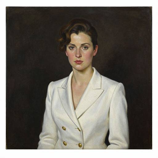 Realistic oil painting of a serious young woman with fair skin and dark hair, wearing a white double-breasted jacket against a black background.