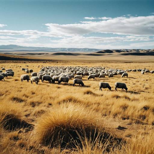 Herd of Sheep Grazing in Golden Desert Grassland