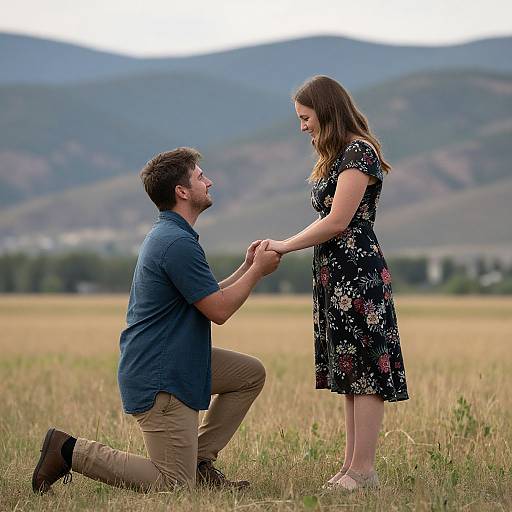 Photograph of a man kneeling, proposing to a woman in a floral dress, in a grassy field with hills in the background.