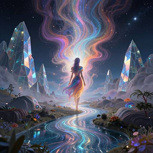 Digital fantasy artwork of a silhouetted woman with flowing hair, standing in a glowing, winding river, surrounded by crystal mountains and colorful, eth