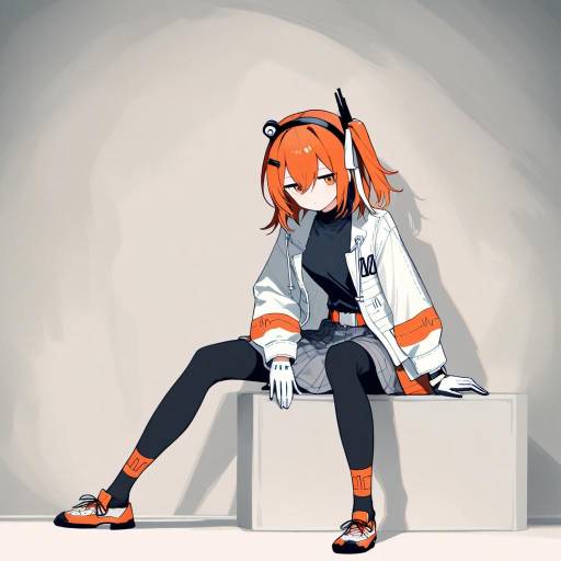 Anime Girl Sitting in White and Orange Outfit