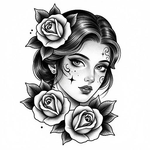 Black-and-white tattoo-style drawing of a woman with short, wavy hair, adorned with three roses, featuring intricate linework and floral accents.