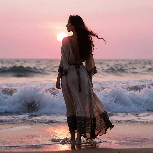 Silhouetted woman in flowing, patterned dress walks on beach at sunset, waves crashing, pink and orange sky, sun setting over ocean.