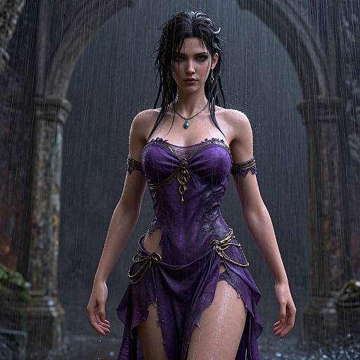 Digital art of a wet, dark-haired woman in a torn, purple dress with gold chains, standing in a rainy, ancient archway.
