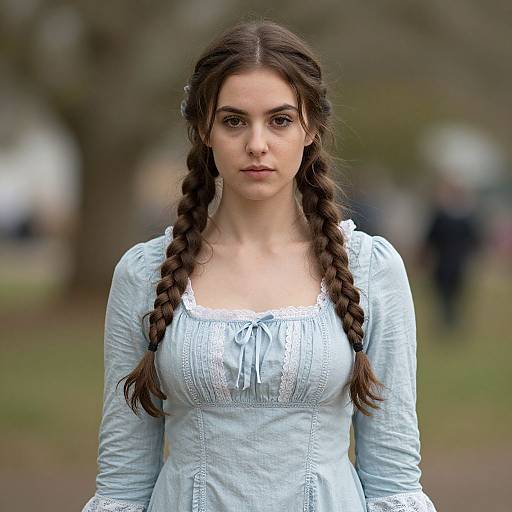 Photograph of a young woman with fair skin, long brown braided hair, wearing a light blue, long-sleeved, lace-trimmed