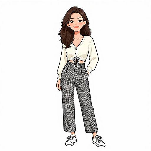 Digital drawing of a smiling woman with long brown hair, wearing a white, long-sleeve, tied blouse and high-waisted, checkered