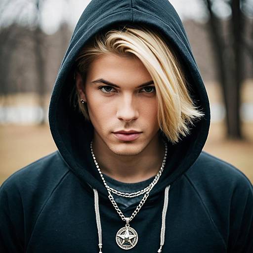 Blonde Young Man in Hoodie with Star Necklace
