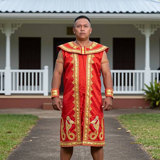 Photograph of a man with short black hair, medium build, and medium brown skin, wearing a red and gold embroidered traditional costume, standing in front