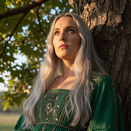 Photograph of a young woman with long, silver blonde hair, wearing a green, intricately embroidered dress, standing against a tree in sunlight, with