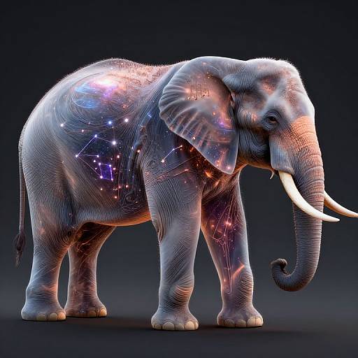 Photorealistic digital artwork of an elephant with a cosmic, starry-patterned skin, glowing pink and purple hues, against a dark gradient background.
