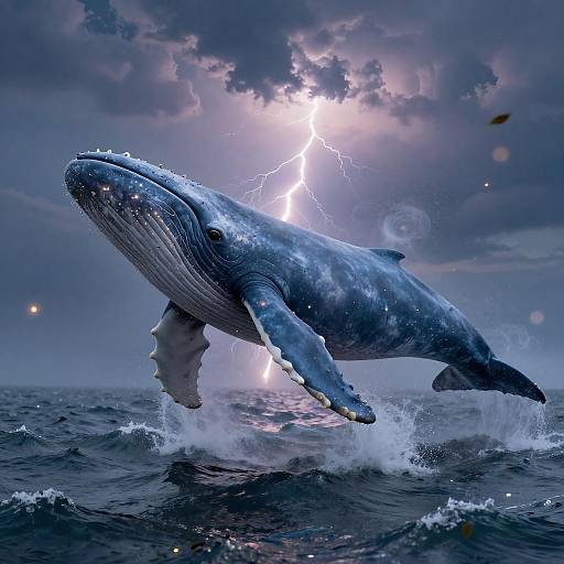 Ethereal Blue Whale Floating Above Stormy Ocean