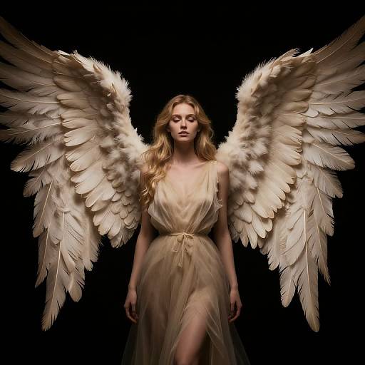 Photograph of a blonde woman with large, white feathered angel wings, wearing a sheer, beige dress, against a black background.