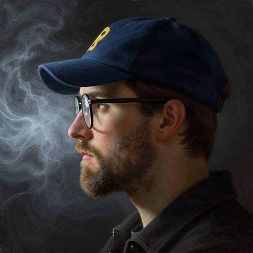 Photograph of a bearded man in a dark cap and glasses, side profile, exhaling smoke, against a dark background.