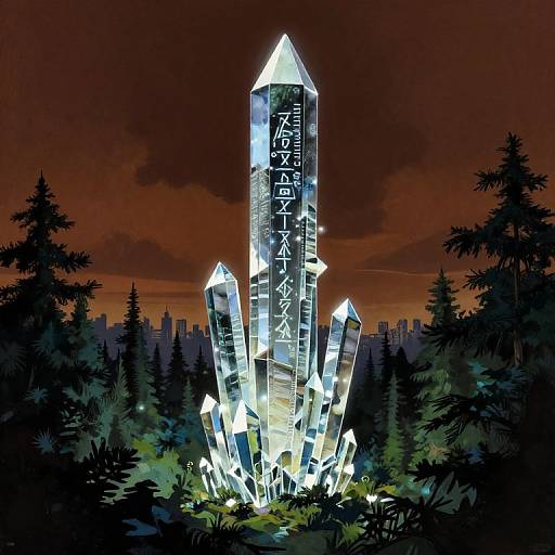 Digital artwork of glowing, crystal-like towers with white, glowing text, set against a dark, red-orange sky and surrounded by silhouetted trees
