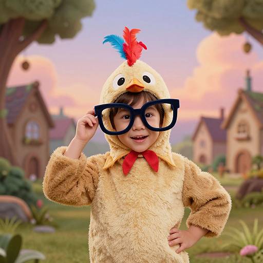 Photograph of a smiling child in a fluffy yellow chicken costume with large black glasses, red and blue feathers, standing in a colorful, cartoonish garden