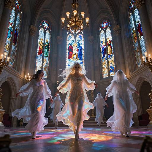 Photograph of four ethereal, white-robed figures dancing in a grand, stained glass-lit cathedral, with colorful light patterns on the floor.