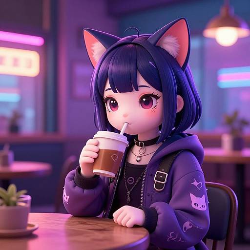Digital anime-style drawing of a cute girl with black cat ears, blue hair, red eyes, sipping a coffee in a neon-lit café.
