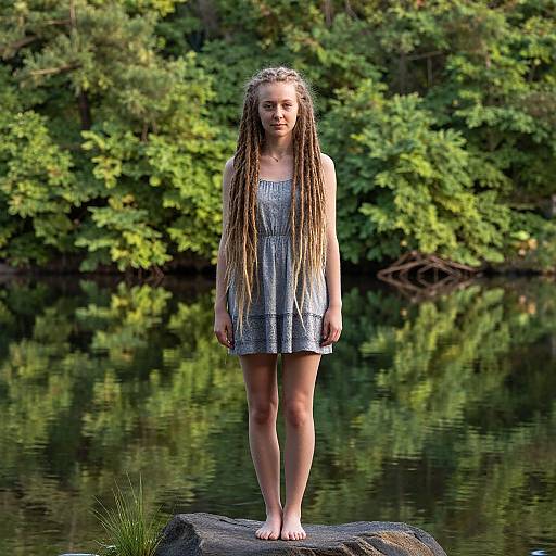 Photograph of a young girl with long, blonde dreadlocks standing barefoot on a rock by a serene, green forested lake.