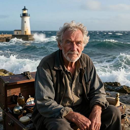 Photograph of an elderly white man with gray curly hair and beard, wearing a dark shirt, sitting by a rocky shore with a lighthouse and ocean