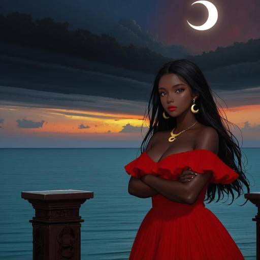 Woman in Red Dress by Ocean at Crescent Moon