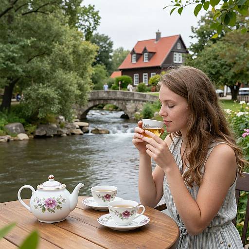 Young woman with long brown hair, wearing a sleeveless striped dress, sips tea from a floral cup at an outdoor wooden table by a serene river