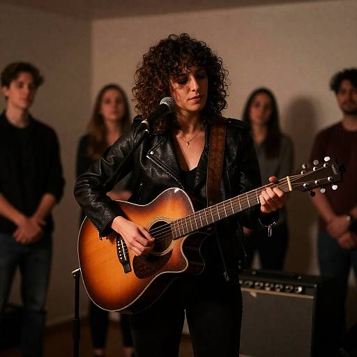 Dimly Lit Guitar Performance with Curly Hair