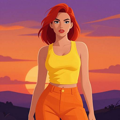 Digital artwork of a red-haired woman with bright blue eyes, wearing a yellow tank top and orange high-waisted pants, standing against a vibrant sunset
