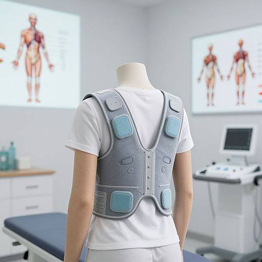 Photograph of a mannequin in a white shirt wearing a gray, blue-accented back brace in a modern medical examination room.