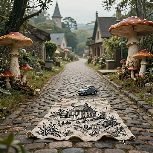 Whimsical photograph of a cobblestone path lined with giant red-capped mushrooms, a small toy car, and an intricately patterned cloth