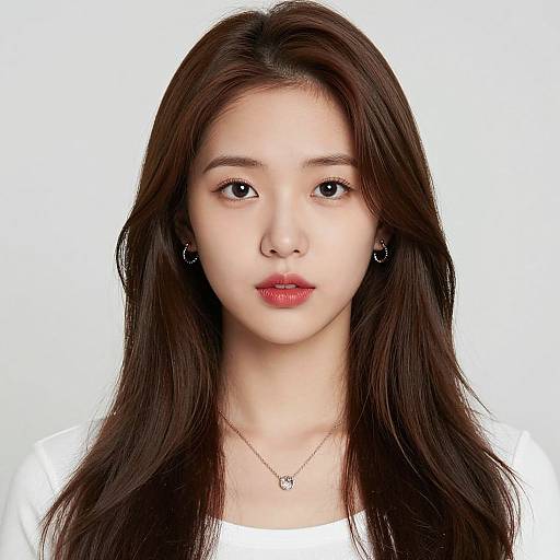Photograph of an East Asian woman with long brown hair, fair skin, red lipstick, wearing a white shirt, small necklace, and earrings, against