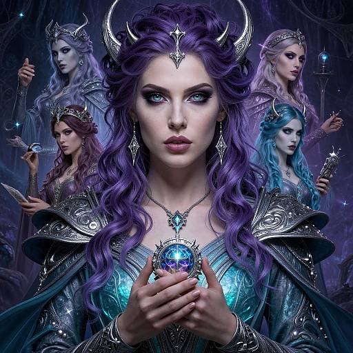 Digital artwork of a regal, purple-haired woman with horns, blue gemstone, and silver armor, surrounded by four ethereal, armored women in