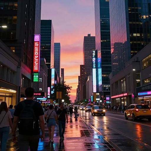 Photograph of a vibrant, neon-lit urban street at sunset, with reflections on the wet pavement, people walking, and tall buildings displaying colorful signs
