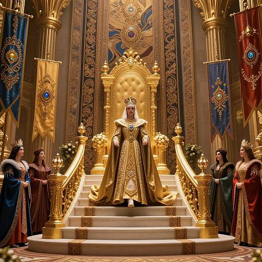 Photograph of regal scene: gold throne, crowned monarch in elaborate gown, surrounded by four nobles in rich, ornate dresses, opulent