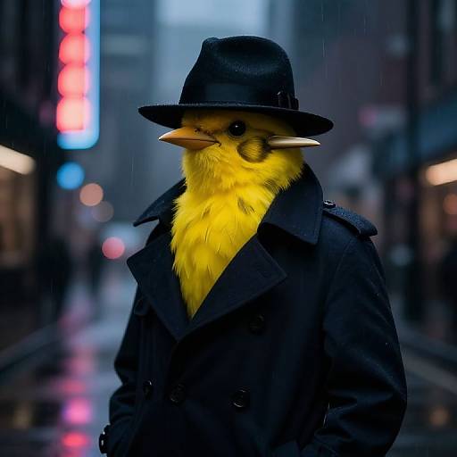 Photograph of a yellow bird with black hat and coat, standing in a rainy, neon-lit city street at night.