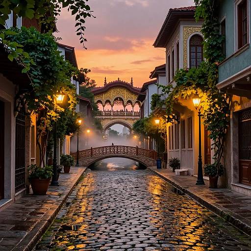 Photograph of a narrow, cobblestone alley at sunset, lined with lit street lamps, potted plants, and ornate buildings, leading to