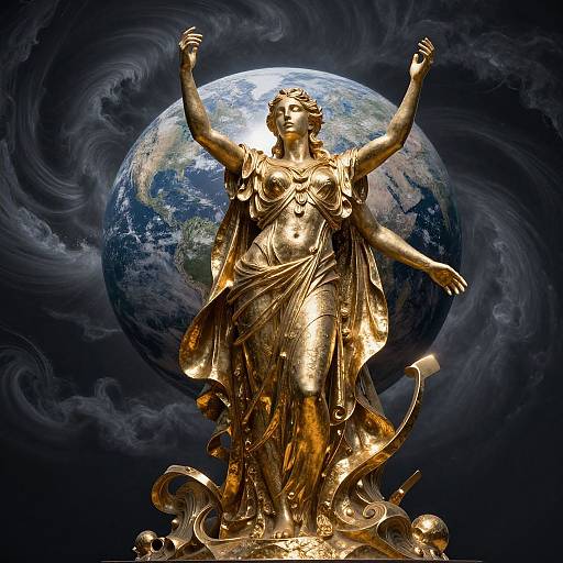 Photograph of a golden statue of a classical goddess with raised arms, standing on a swirling cloud base, with Earth in the background.