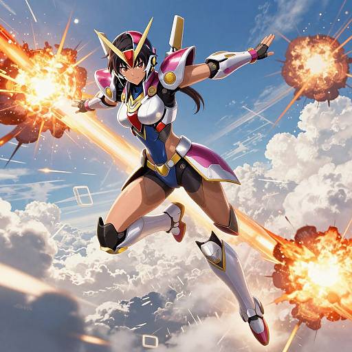 Digital anime-style artwork of a fierce female warrior in futuristic armor, firing energy beams from her hands, mid-air against a bright blue sky with clouds and