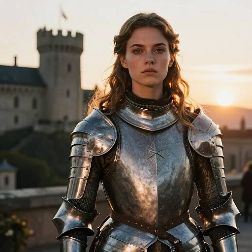Young Woman in Medieval Armor at Sunset
