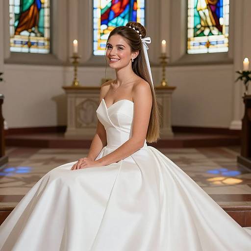 Photograph of a smiling bride with long brown hair in a white strapless wedding dress, sitting in a church with stained glass windows and candles.