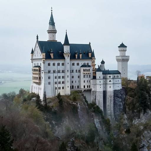 Photograph of a majestic, white, Gothic-style castle with multiple towers and dark roofs, perched on a rocky, forested hillside.