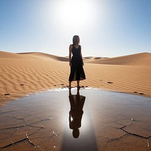Silhouetted woman in long dress stands in reflective puddle, facing bright sun over golden desert sand dunes, blue sky above.