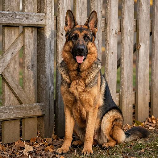Photograph of a German Shepherd with black and tan fur, sitting in front of a weathered wooden fence, tongue out, autumn leaves on the ground