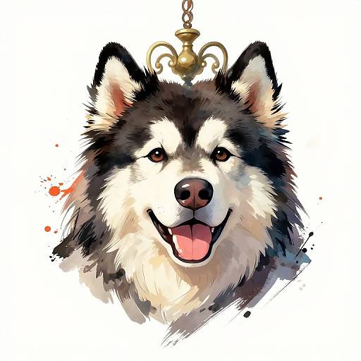 Digital painting of a happy, black-and-white Siberian Husky with a golden ornament hanging above its head, white background, expressive eyes, and open