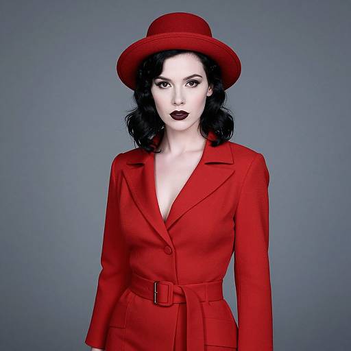 Photograph of a pale-skinned woman with dark, wavy hair, wearing a red hat and matching red blazer with a deep V-neck,