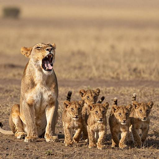 Lioness and Cubs in Sunlit Savanna