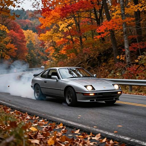 Photograph of a silver Porsche 911 racing on a road, surrounded by autumn trees with vibrant red, orange, and yellow leaves, emitting white smoke