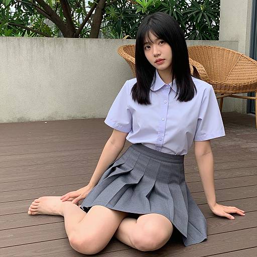 Serene Asian Woman on Wooden Deck