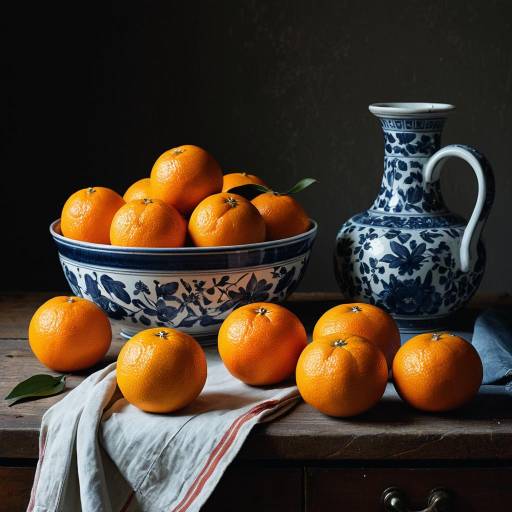 Still Life with Mandarin Oranges and Blue Floral Porcelain
